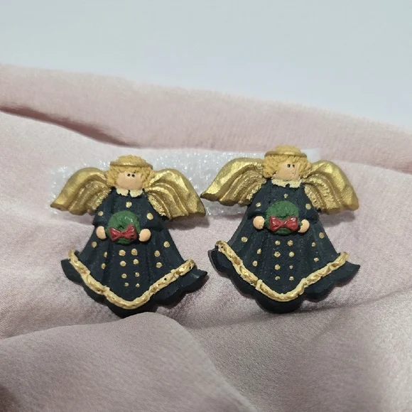 Gold and Black Christamas Angel Eartings  Clip On Earrings - Picture 3 of 12
